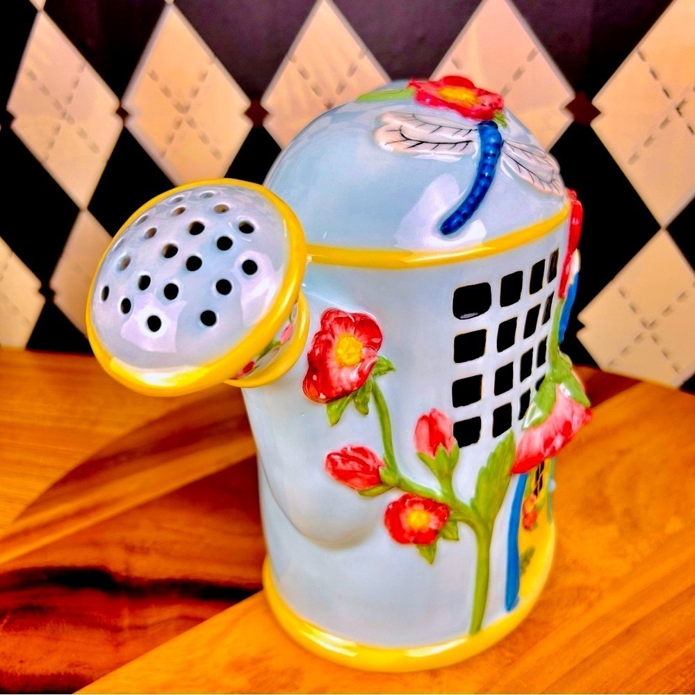 Cottage Ceramic Watering Can Whimsical Floral Butterfly Garden Decor - Picture 5 of 10